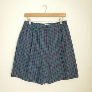 90s Vintage Blue & Green Plaid Pleated High Rise Golf Shorts 31" Waist